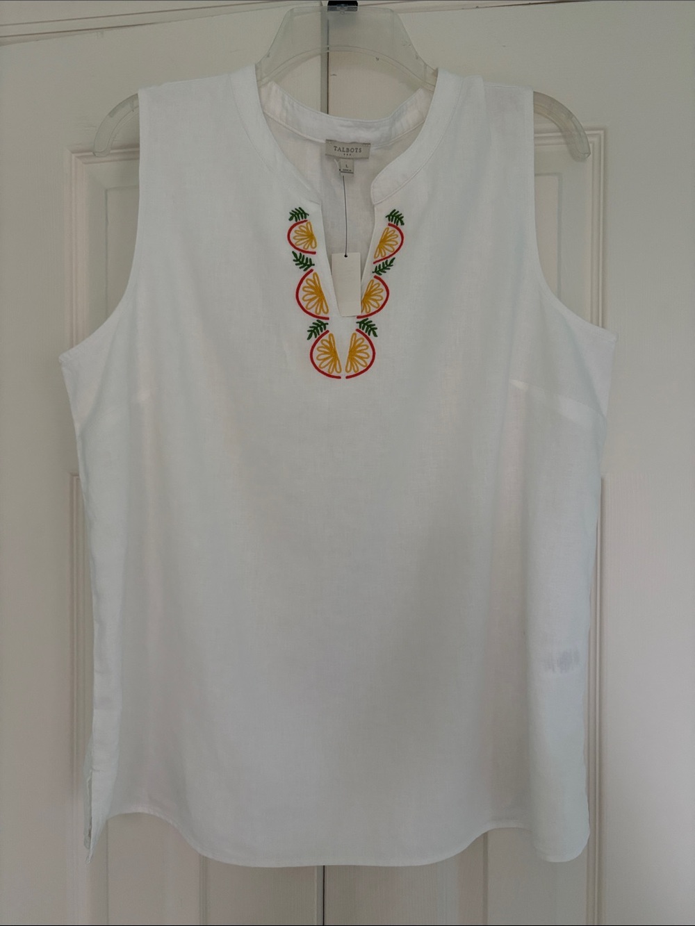 NWT Talbots White Sleeveless Linen Tank with Yellow & Green Embroidered Citrus